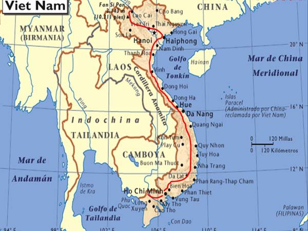 Mapa de la ruta por Vietnam 15 días